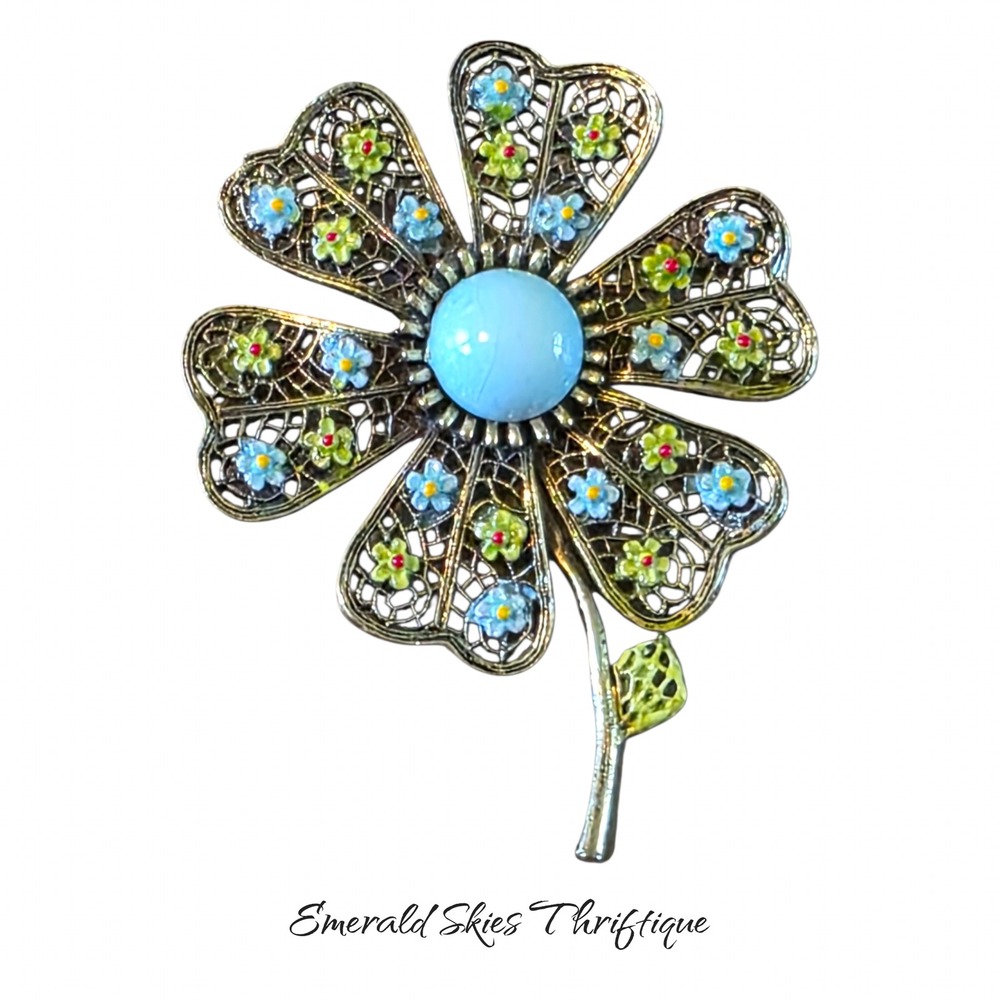 Vintage ART floral brooch pin blue green enamel free shipping